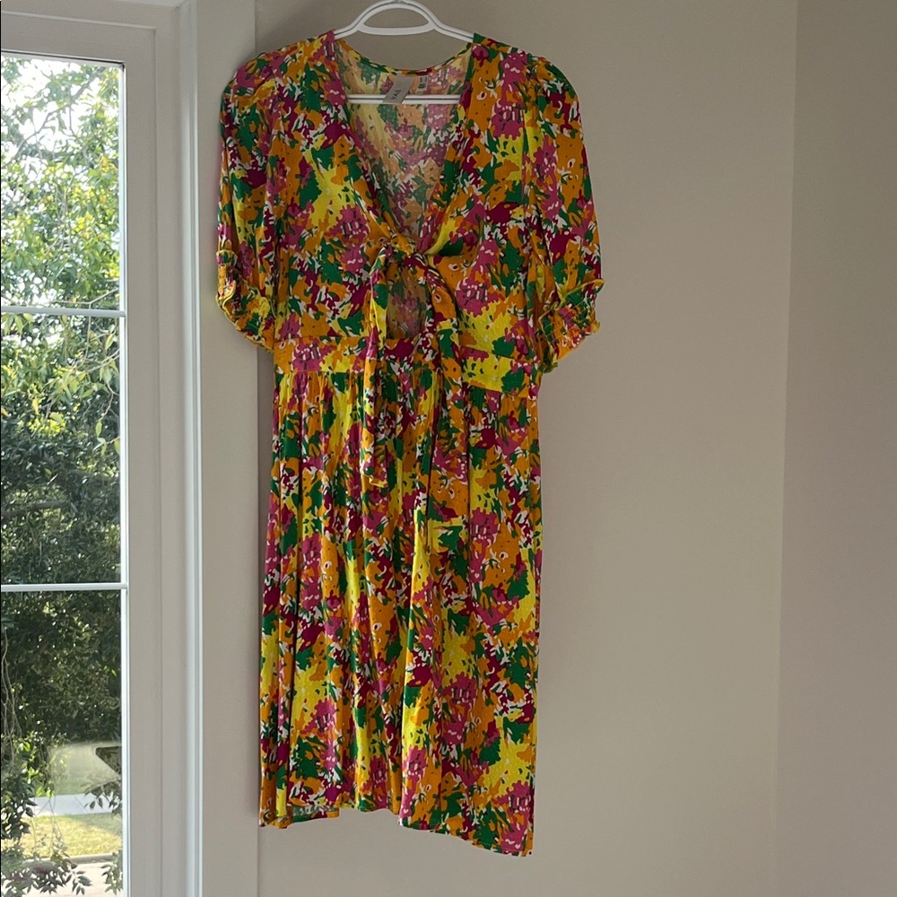 Colorful Floral Midi Dress with Knot Detail